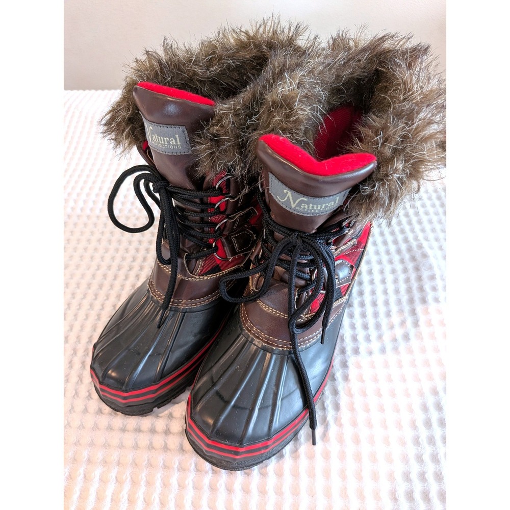 Natural Reflections Lumber Jill Winter Boots Brown Plaid Faux Fur 7M Thinsulate